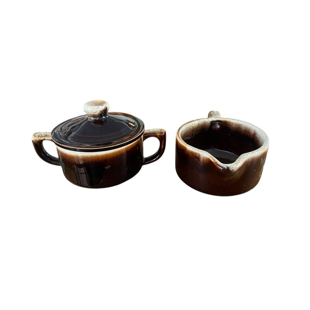 Vintage Pfaltzgraff Gourmet Brown Drip Closed Handle Creamer & Sugar Set